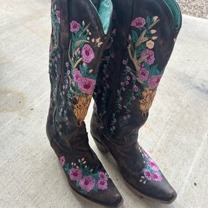 Corral Brown and Purple Heeled Boots with Floral Embroidery